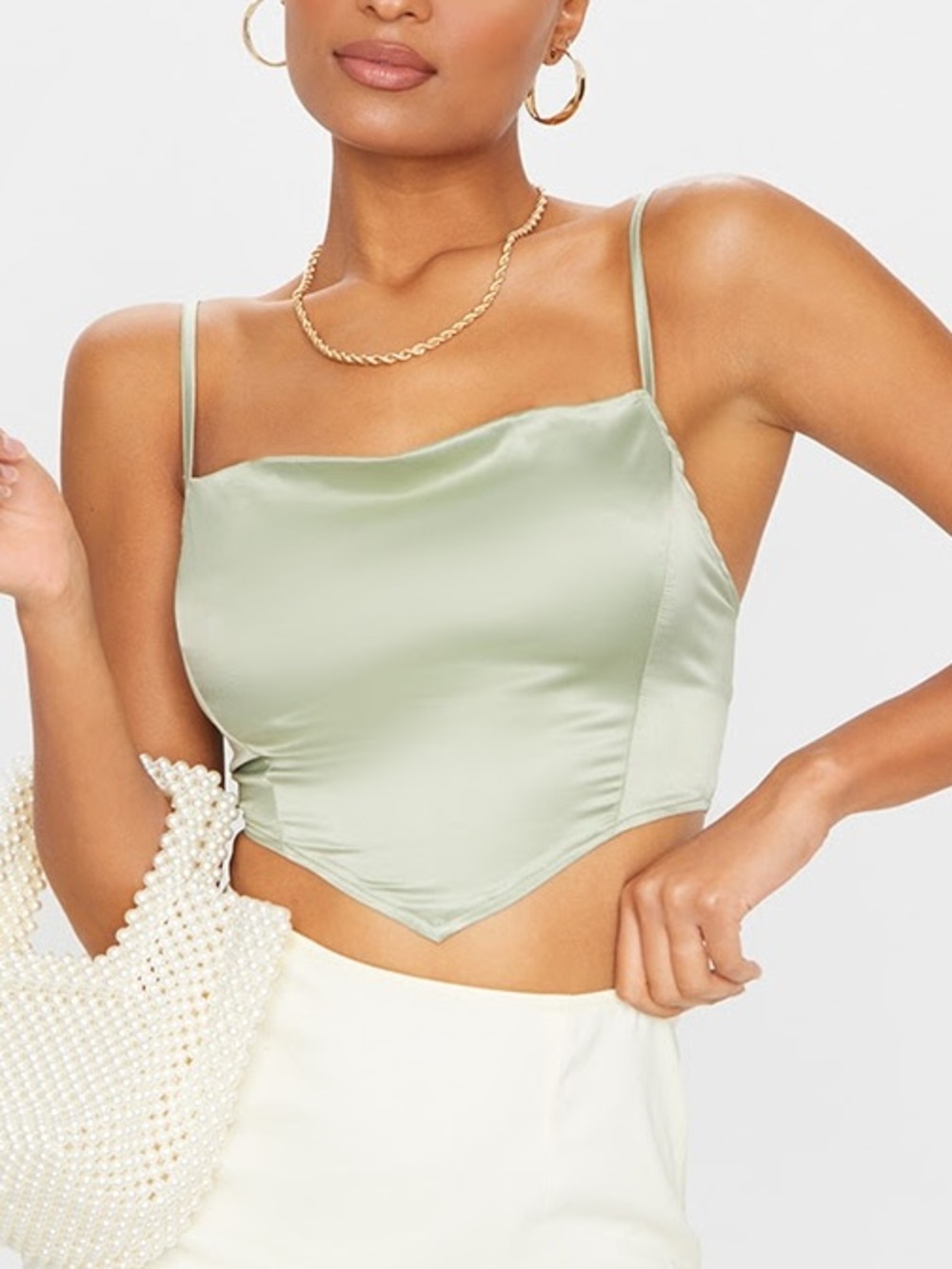 PLT Sage Green Satin Pointed Hem Cami Crop Top Size 4/Small